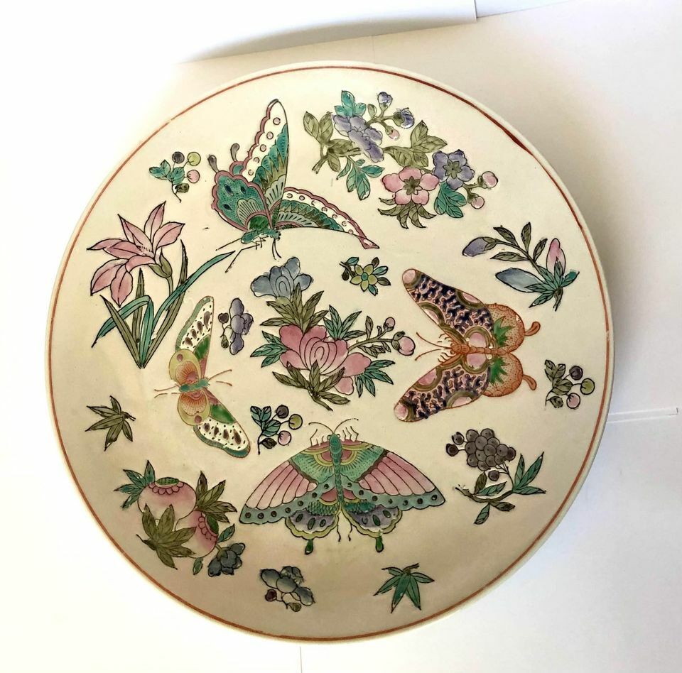 Gorgeous Ceramic Butterfly Moth Plate Handpainted Relief Design Asian Style