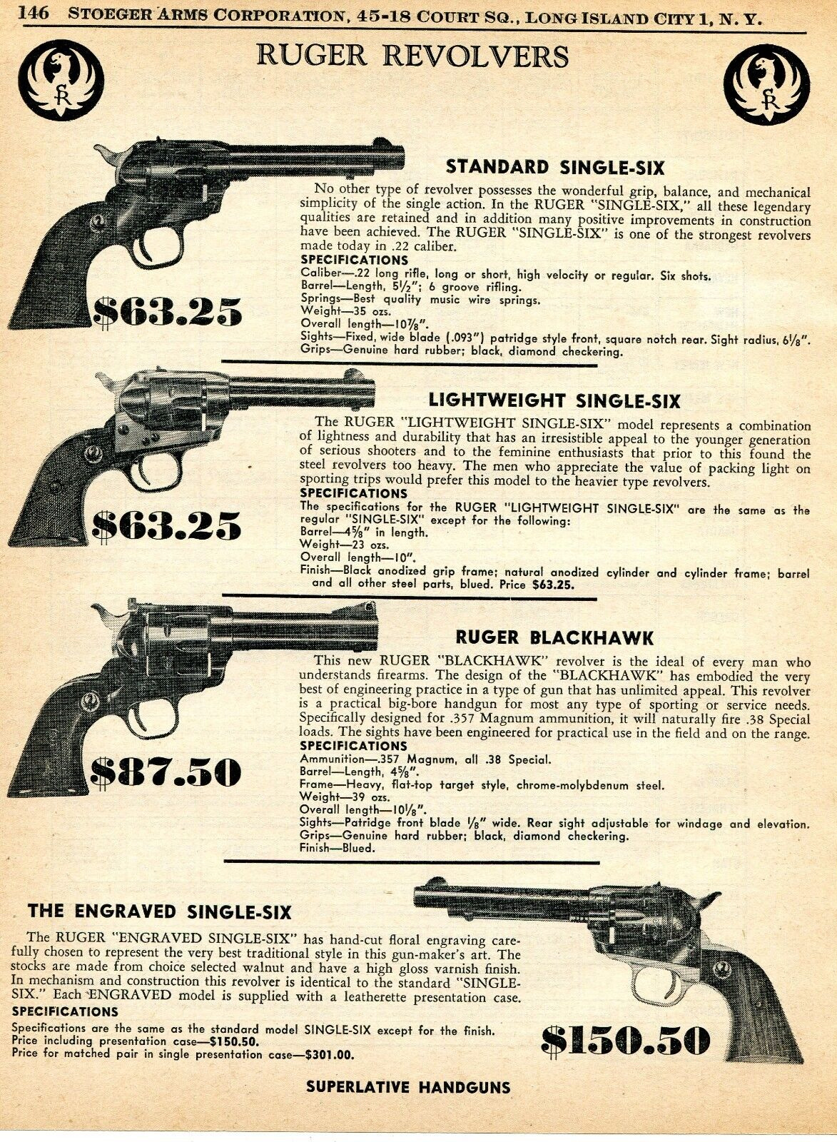 1957 Print Ad Ruger Blackhawk & Single Six Revolver