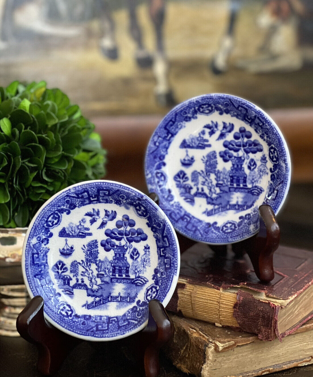 Adorable Miniature Classic English Blue Willow Chinoiserie Canapé Plate Pair 3”