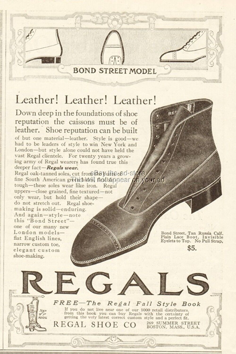 1912 Regal Shoe Co Boston MA Bond Street Men's Leather Shoes Fashion Style Ad
