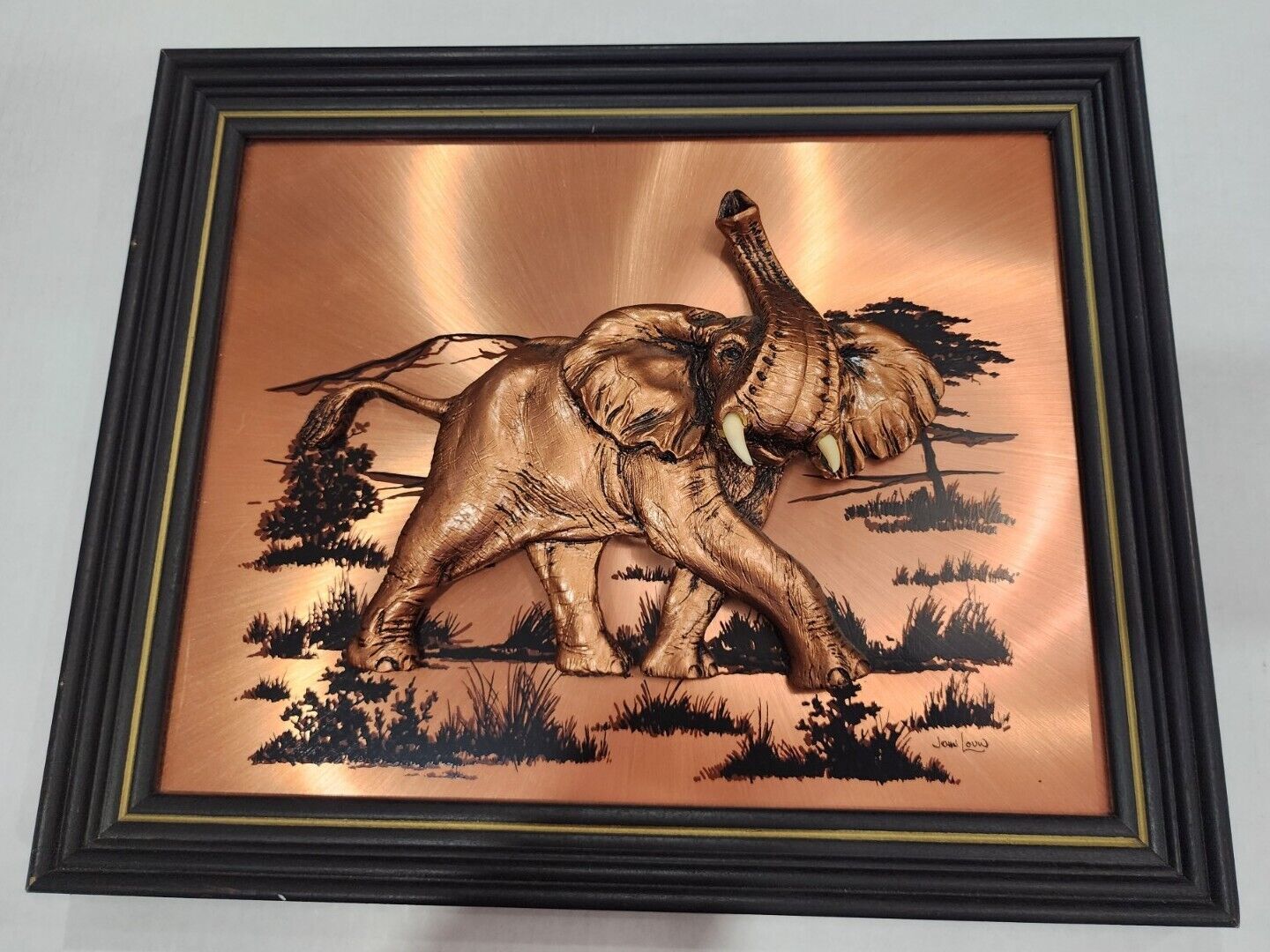 John Louw Signed 3D Copper Wall Art African Elephant Trunk Up 3D Tusks 16x13”
