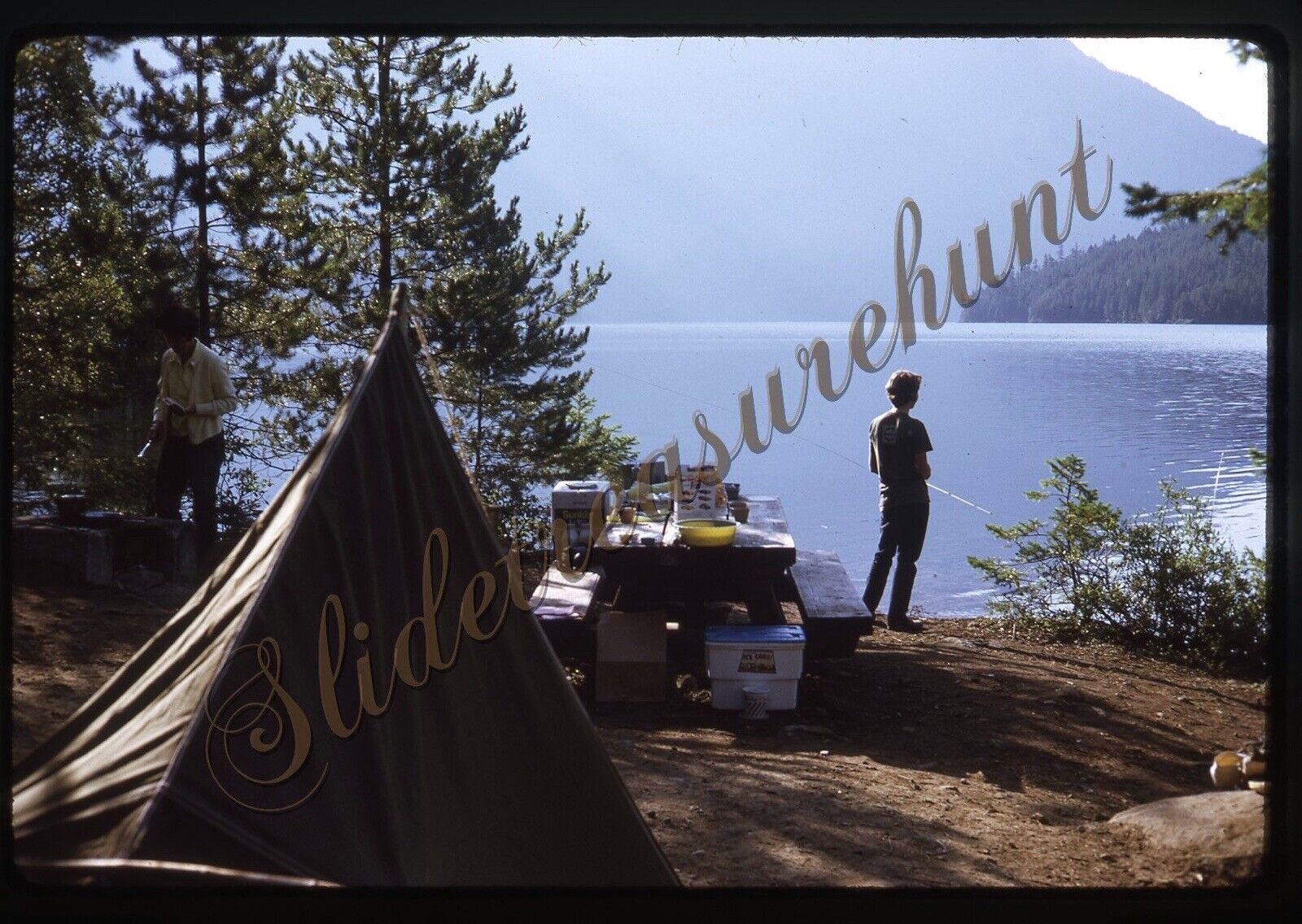 Boy Fishing Camping Picnic Table Americana 35mm Slide 1970s Kodachrome 1971