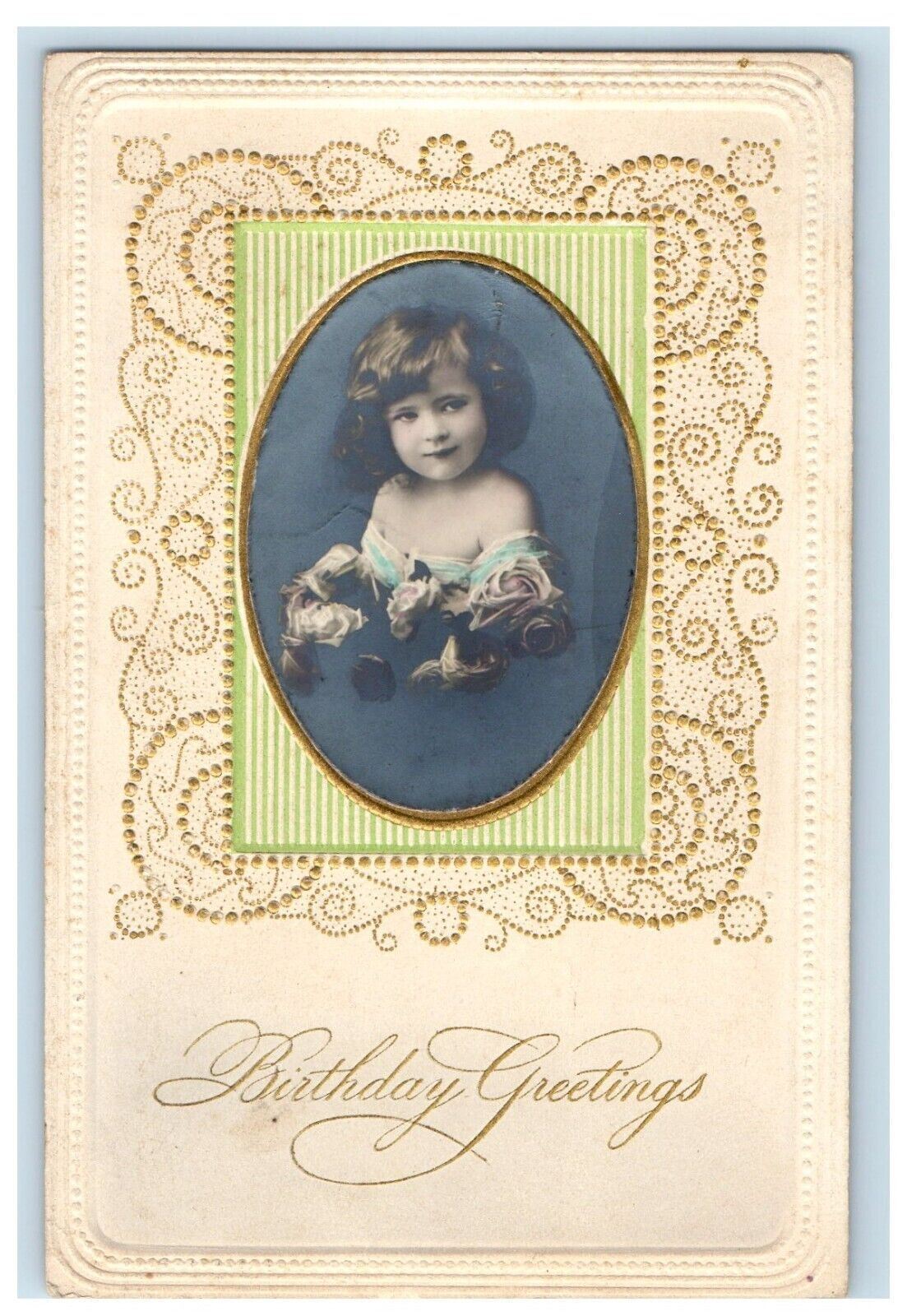 c1910's Birthday Greetings Cute Little Girl Roses RPPC Photo Embossed Postcard