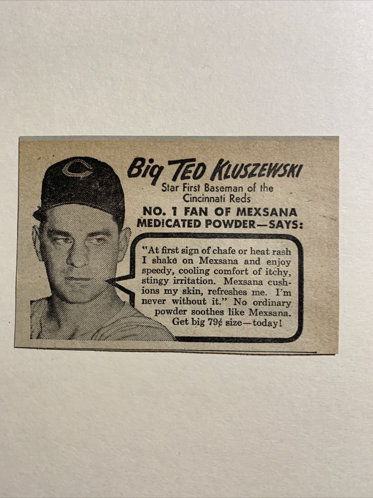 Mexsana Powder Ted Kluszewski Cincinnati Reds 1952 Sporting News Baseball 4X3 Ad