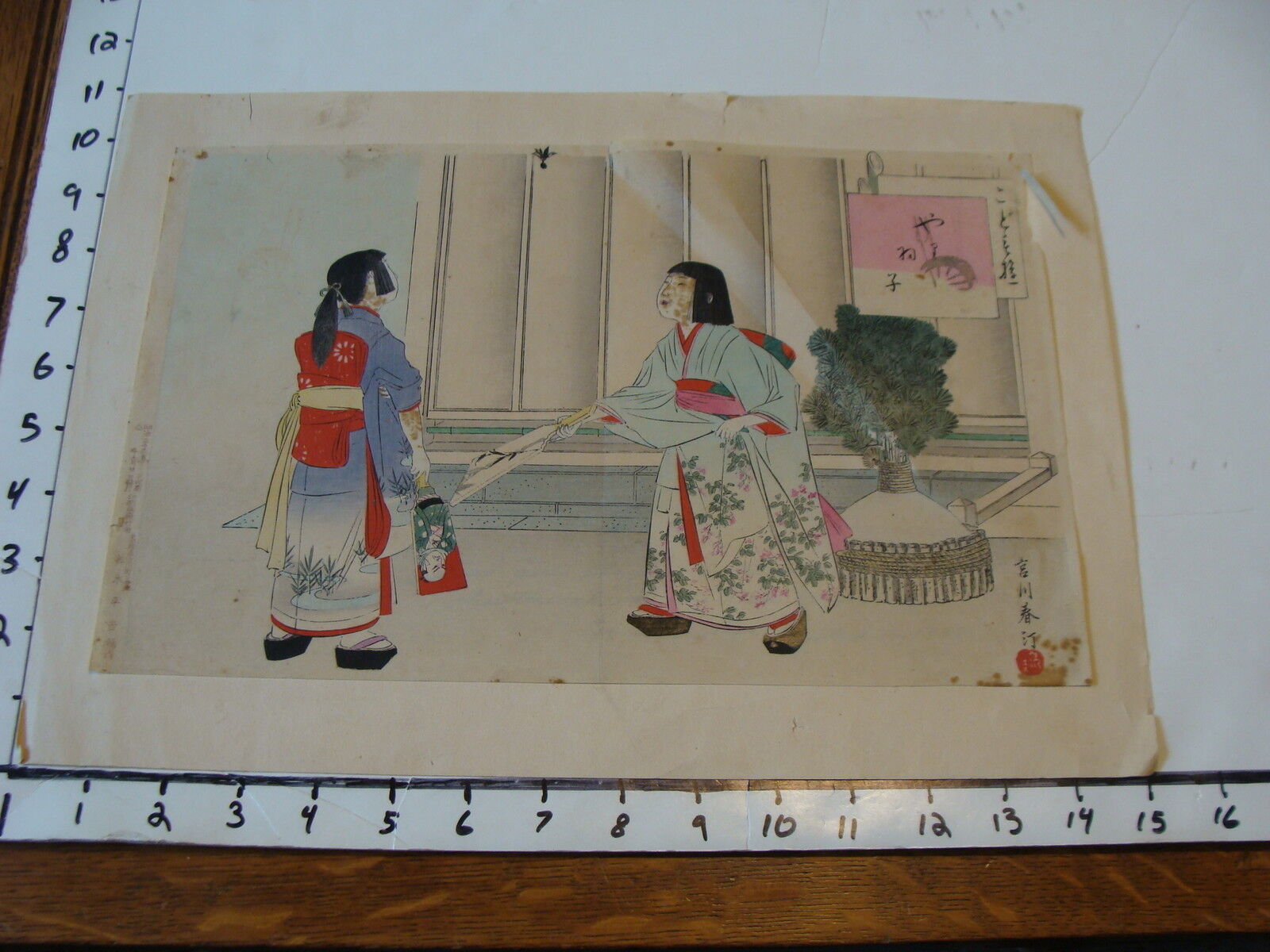 vintage hand colored Japanese print fan girl, as shown w/spotting
