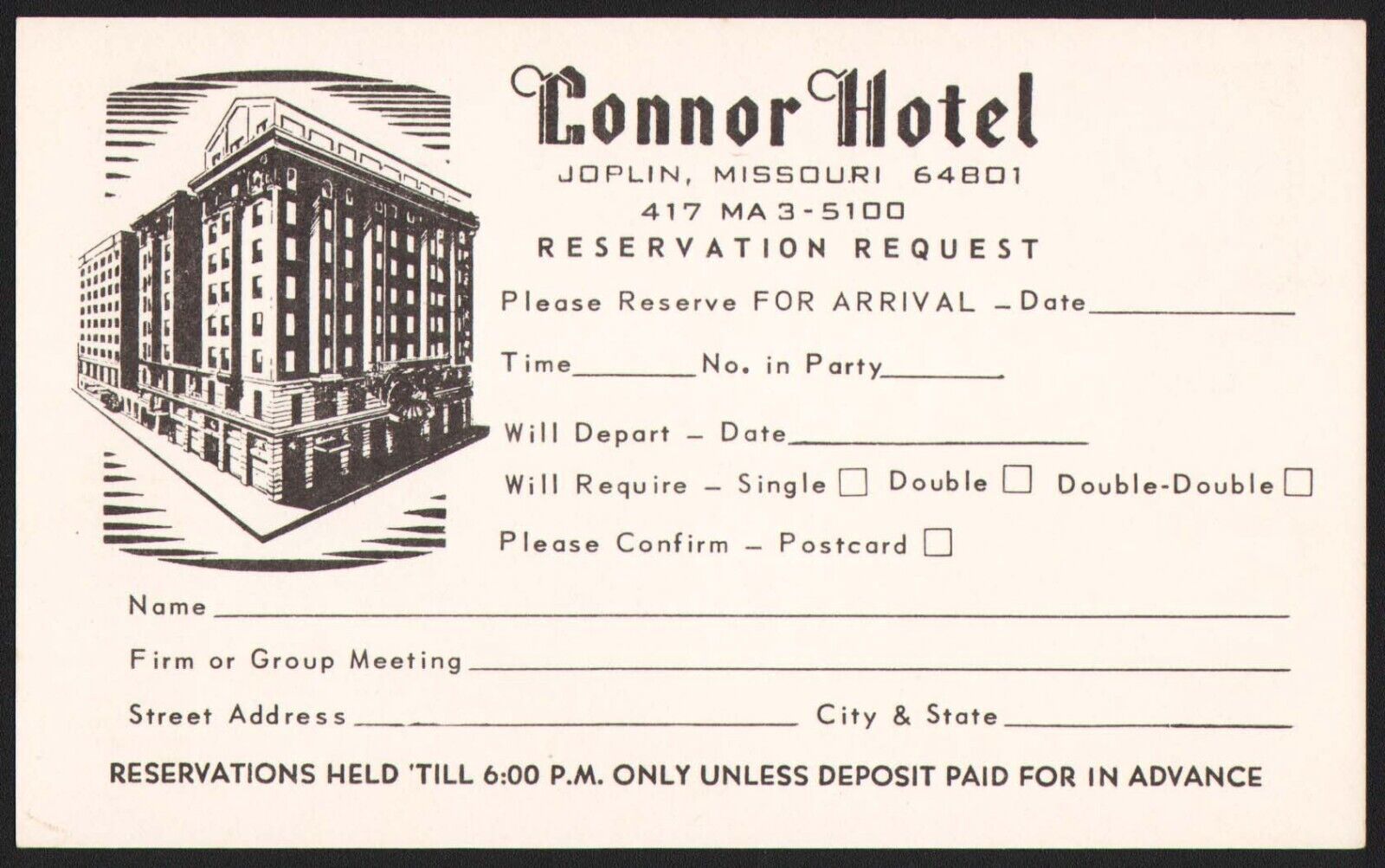 Vintage postcard CONNOR HOTEL Joplin Missouri reservation card unused n-mint+