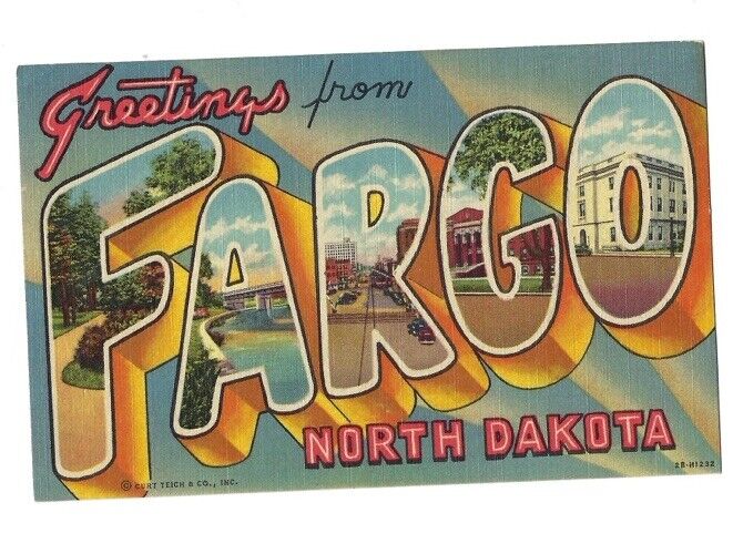 c1940s Greetings From Fargo North Dakota ND Linen Large Letter Postcard UNPOSTED