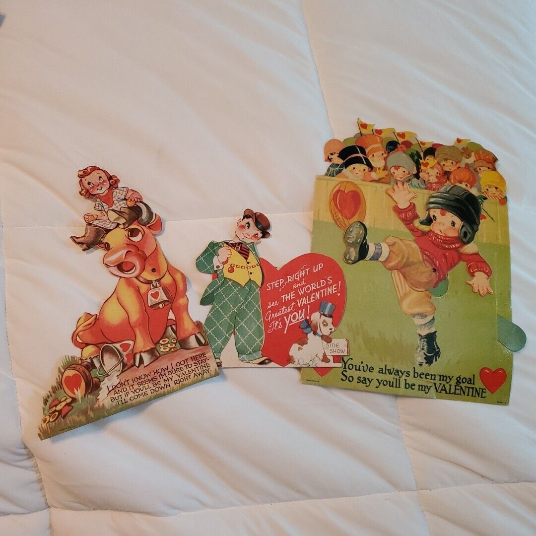 Lot of 3 Large Vintage Mechanical Valentine Cards Football, Cowgirl, Side Show
