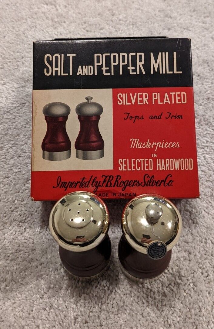 FB Rogers Silver Co Silver Plated Salt Shaker & Pepper Grinder, Selected Harwood
