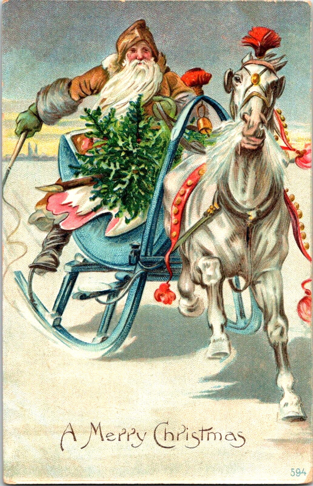 c1910 GERMANY Christmas Postcard Gold Silver Suited Santa Blue Sled White Horse