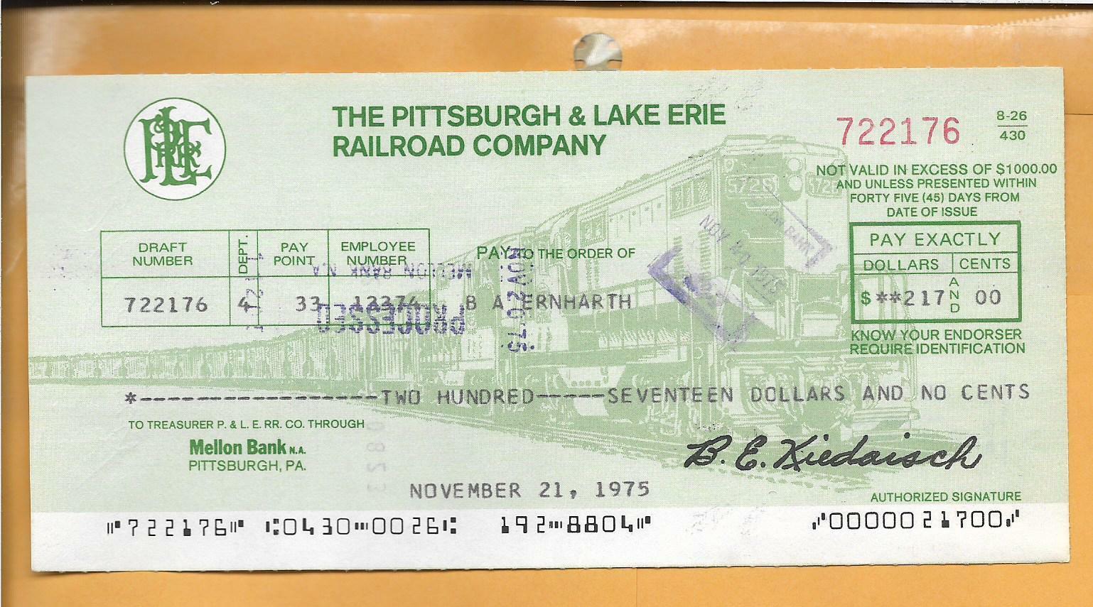 1975 MELLON BANK,P&LE,PITTSBURGH & LAKE ERIE RAILROAD COMPANY CHECKS~RANDOM PICK