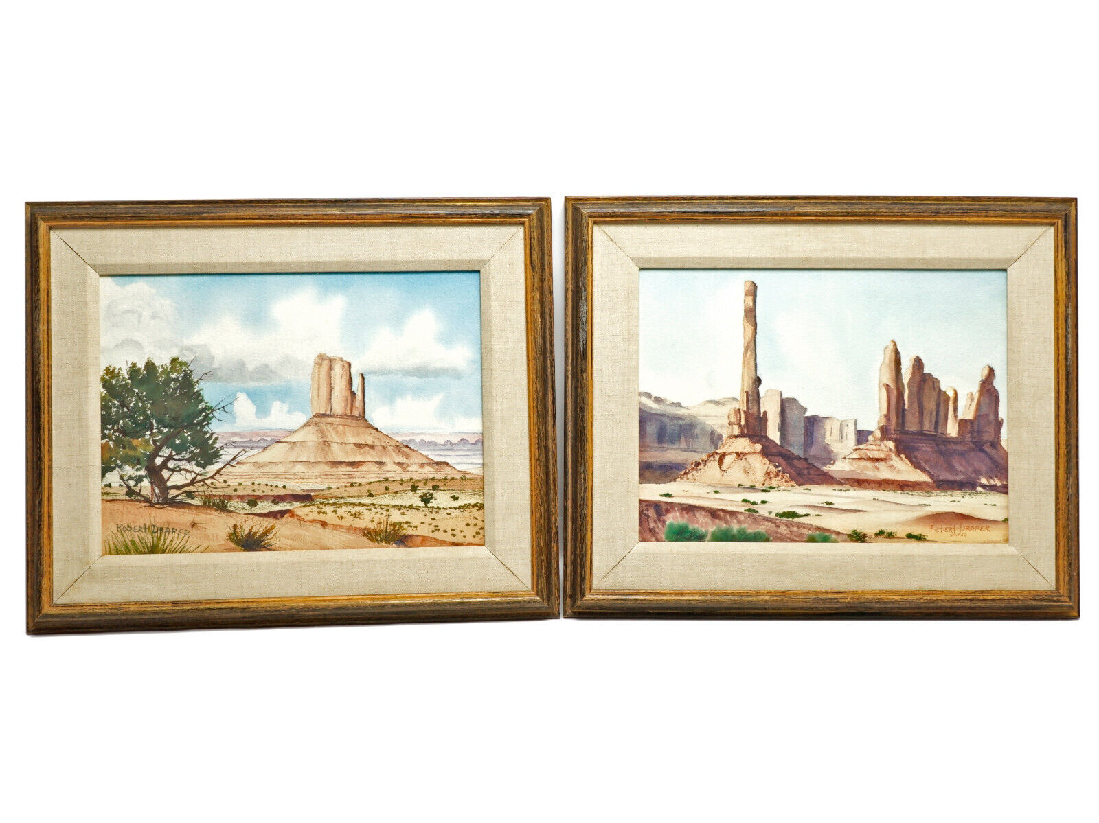 Navajo Robert Draper Pair Watercolor Paintings Monument Valley Landscapes 