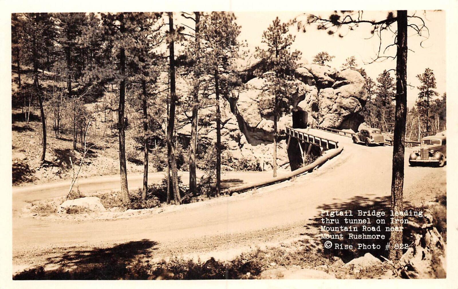 UPick Postcard Pig Tail Bridge South Dakota Unposted RPPC c1940 Mt Rushmore
