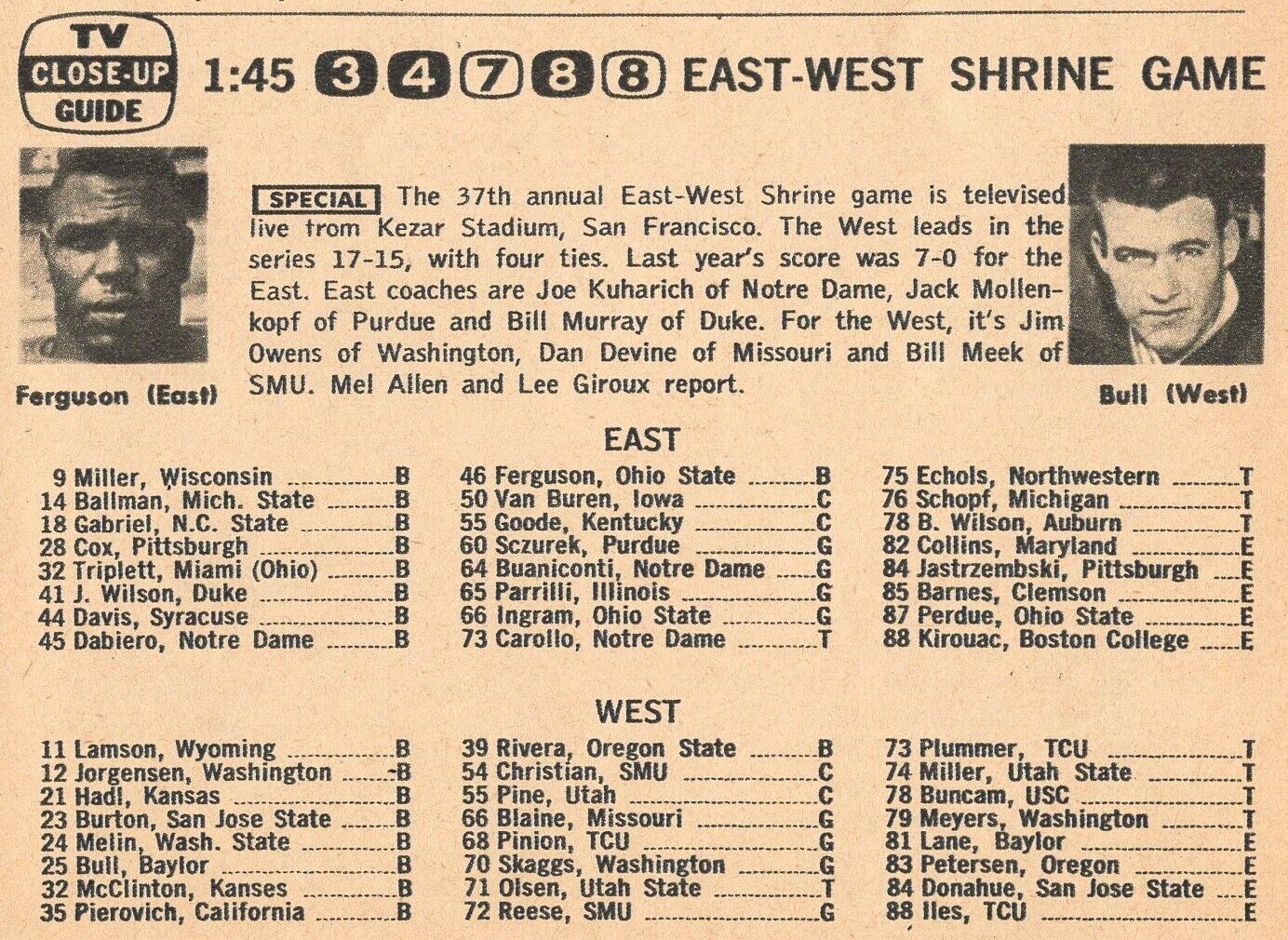 1961 TV AD EAST WEST SHRINE FOOTBALL RONNIE BULL BAYLOR BOB FERGUSON OHIO STATE