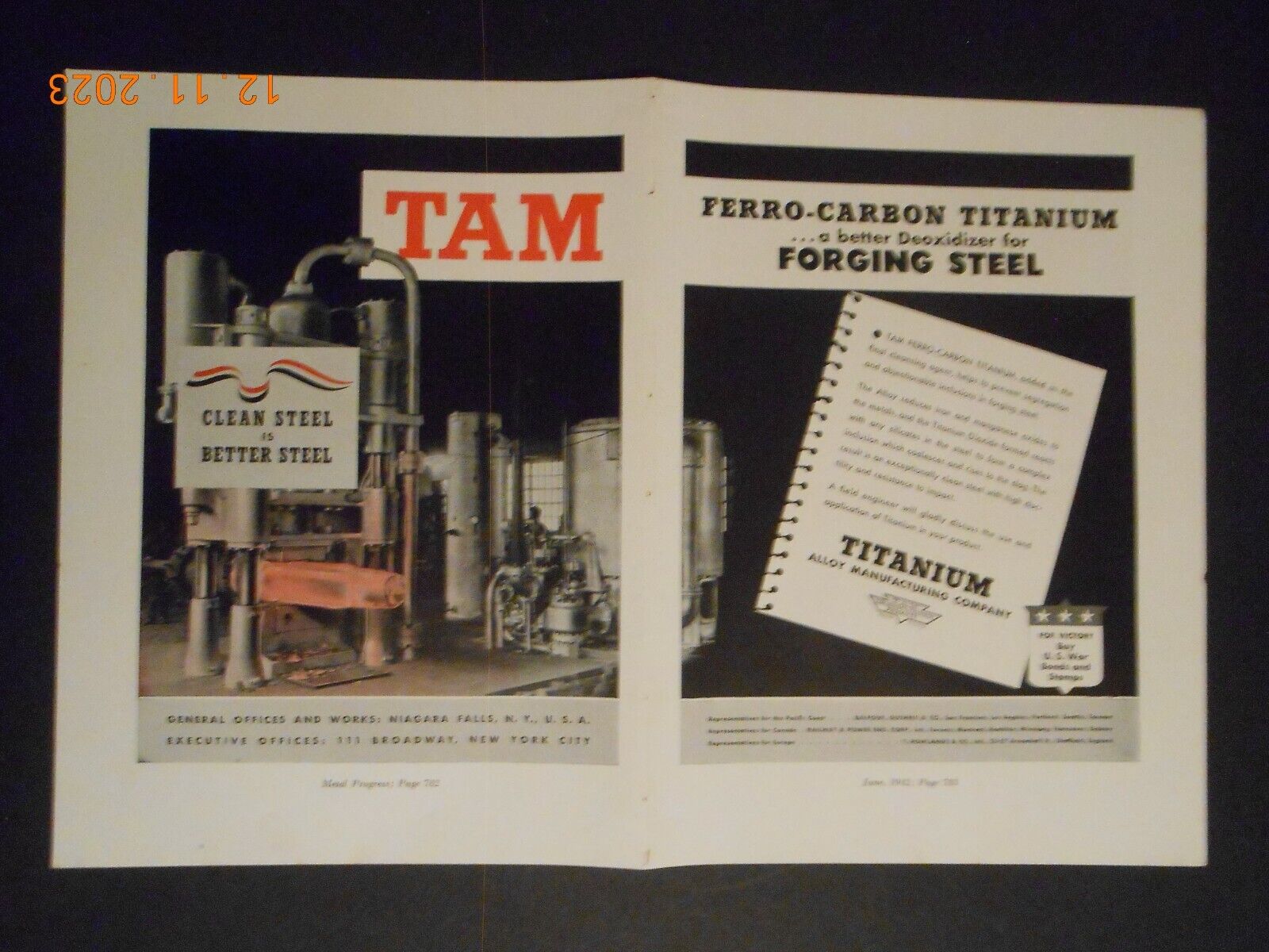 1942 TAM Titanium Alloy MFG CO Niagara Falls NY forging steel AD Cities Oil CO