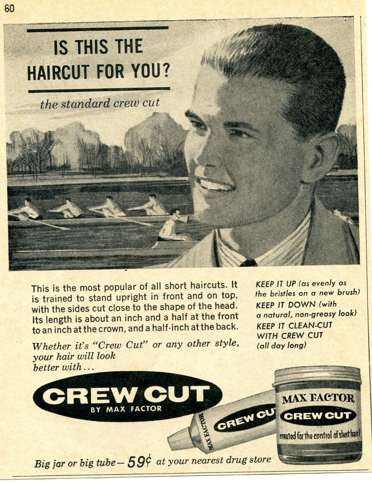 1961 small Print Ad of Max Factor Crew Cut Hair Product the standard crew cut