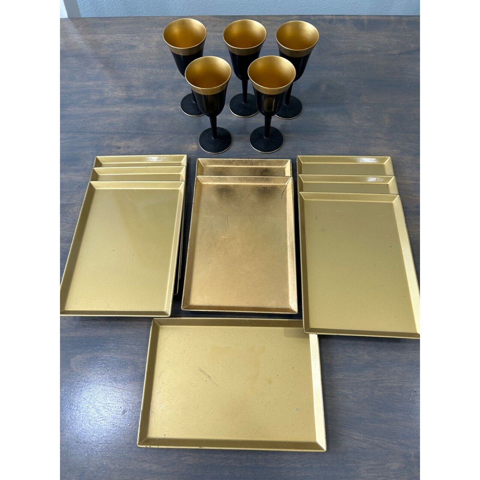 Vintage Japanese Gold and Black Rectangle Plates and Wood Lacquer Sake/Wine Glas