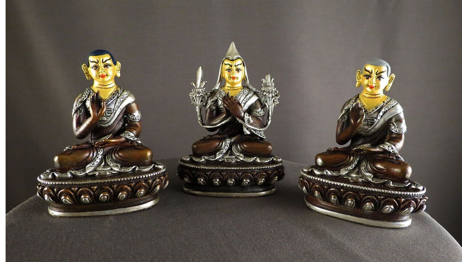 Tibetan Gold Face Set of Tsongkhapa Silver Plated Oxide Copper Statue Figure