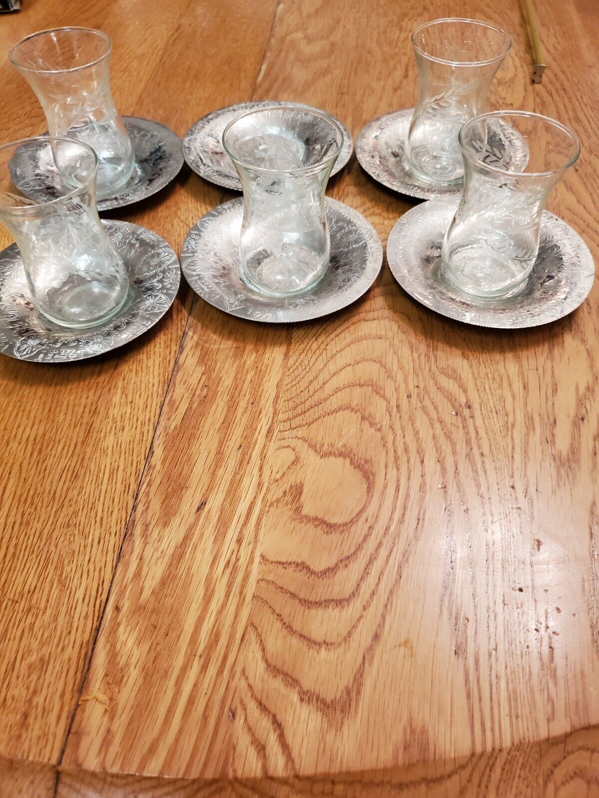 5 vintage turkish etched glass cups with 6 nonferrous metal saucers