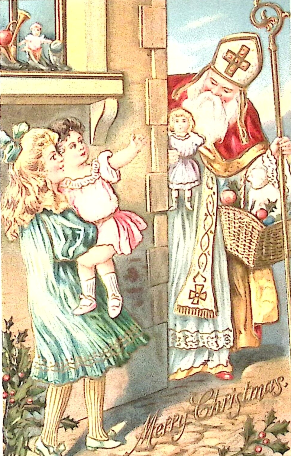 c1908 GERMANY Christmas Postcard Blue Robe St Nicolas Brings Dolls to Girls