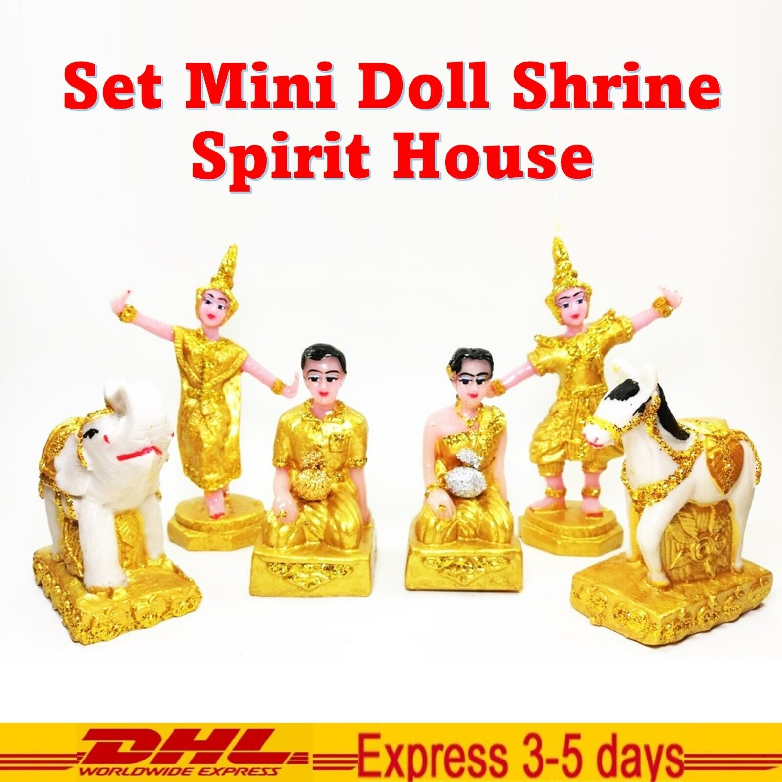 Set Mini Doll Shrine Spirit House Altar Thai Buddha Resin Gold Writing Phra Phum