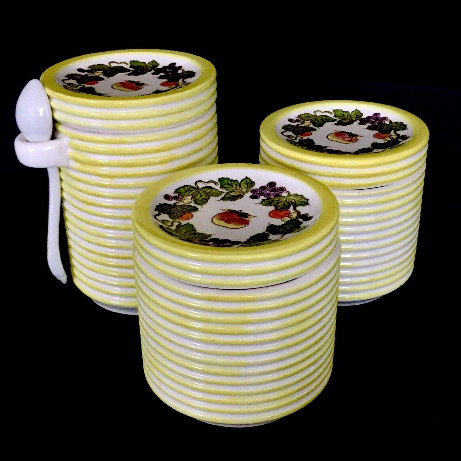 Vintage 1940s Canister Set of 3 Ceramic Yellow White Stripped Japan Fruits Print