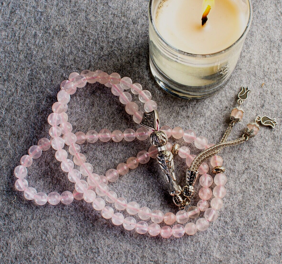 REAL Pink Quartz Stone Islamic Prayer 99 beads Tasbih Misbaha Rosary Tasbeeh 6mm