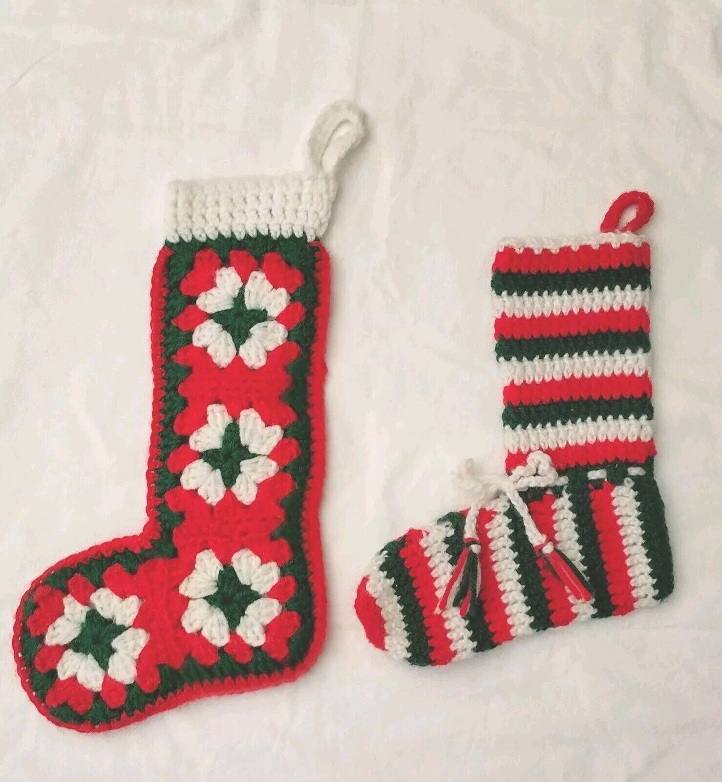Vintage Crocheted Christmas Stockings Granny Square Striped Handmade MCM