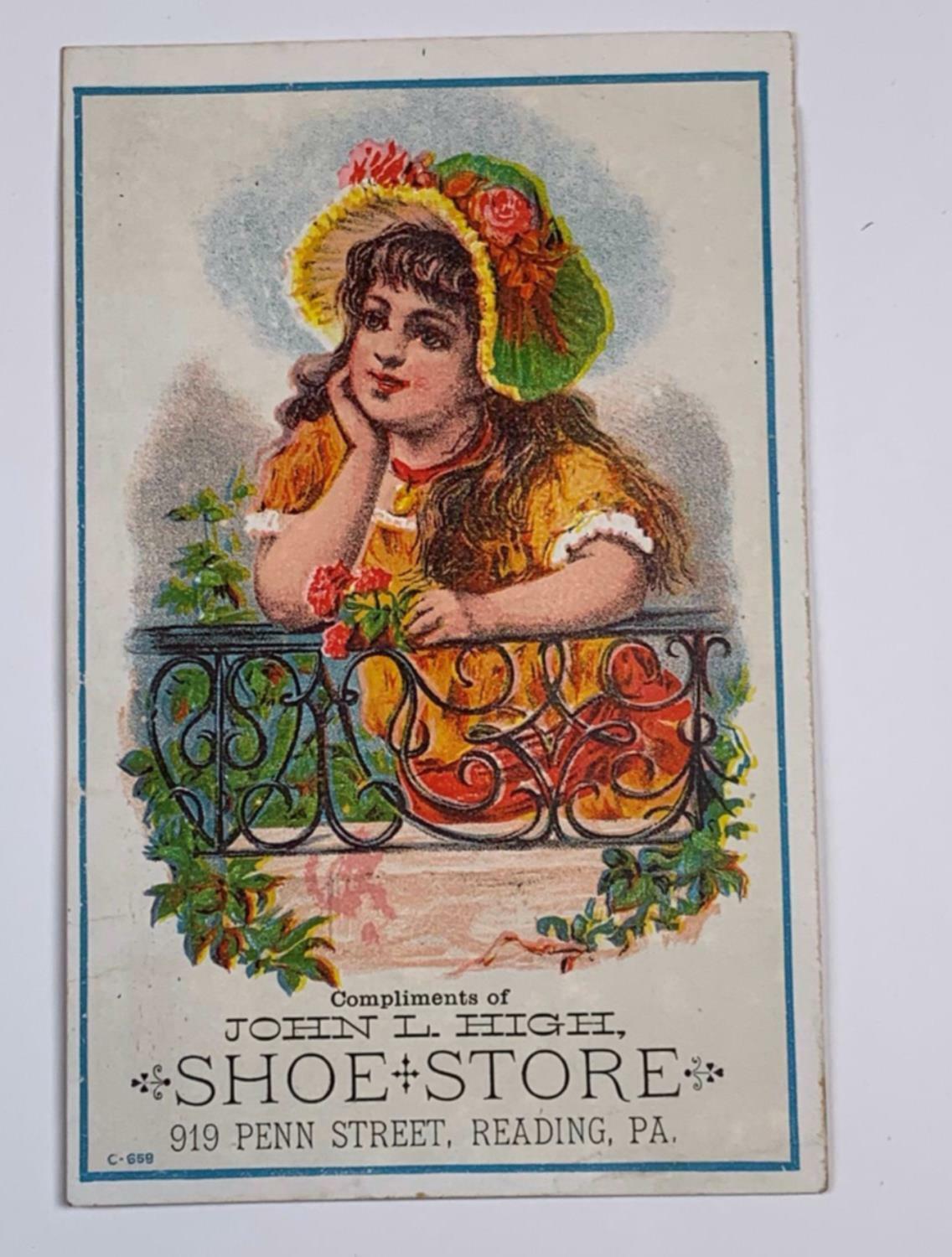 Advertising Victorian Trade Card John L High Shoe Store Reading PA 