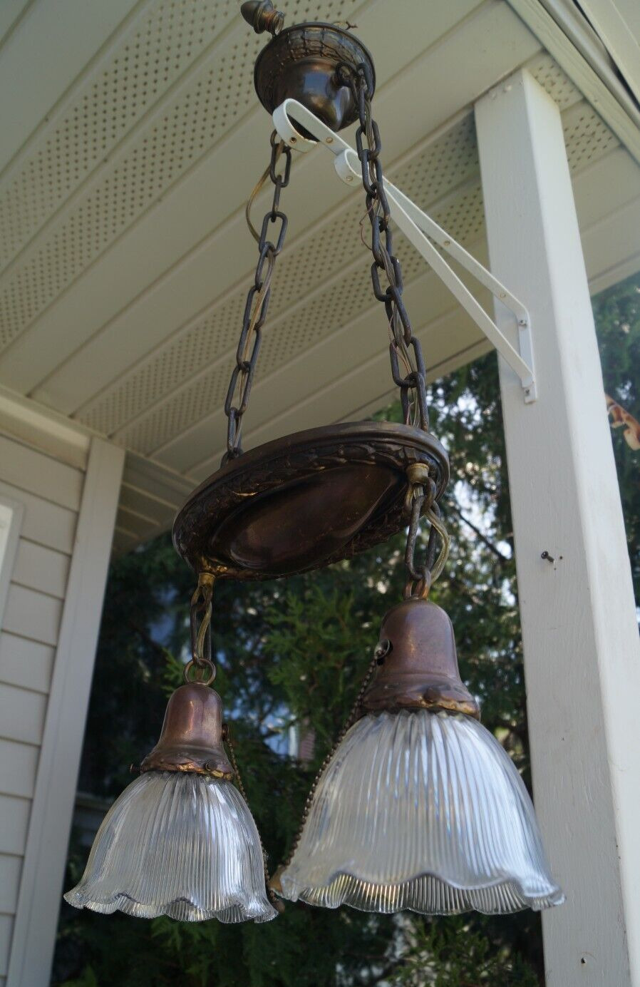 Antique 1920s Ceiling Fixture Light Hanging Lamp & SIGNED Holophane Glass Shades