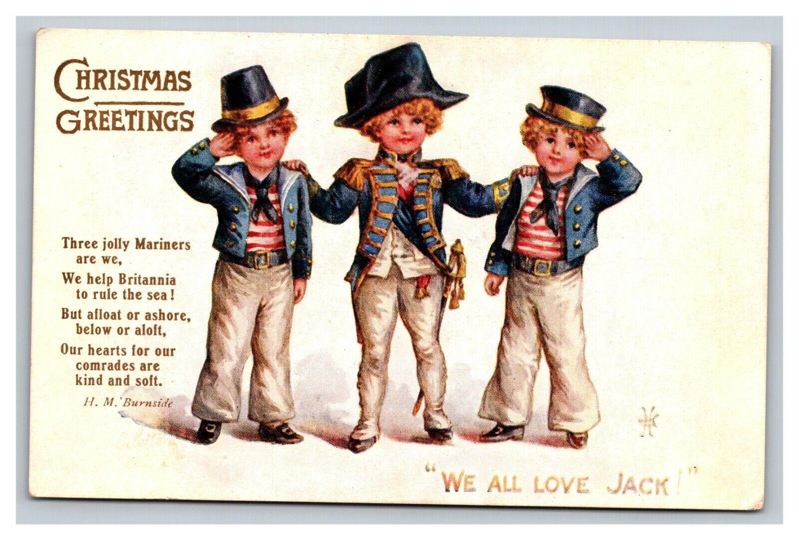 Vintage 1910\'s Tuck\'s Christmas Postcard Three Sailor Children -We all love Jack