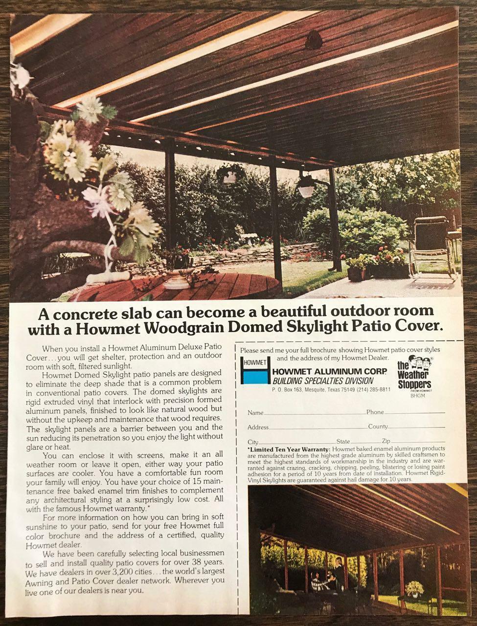1976 PRINT AD Howmet Aluminum Deluxe Patio Covers Weather Stoppers Mesquite TX
