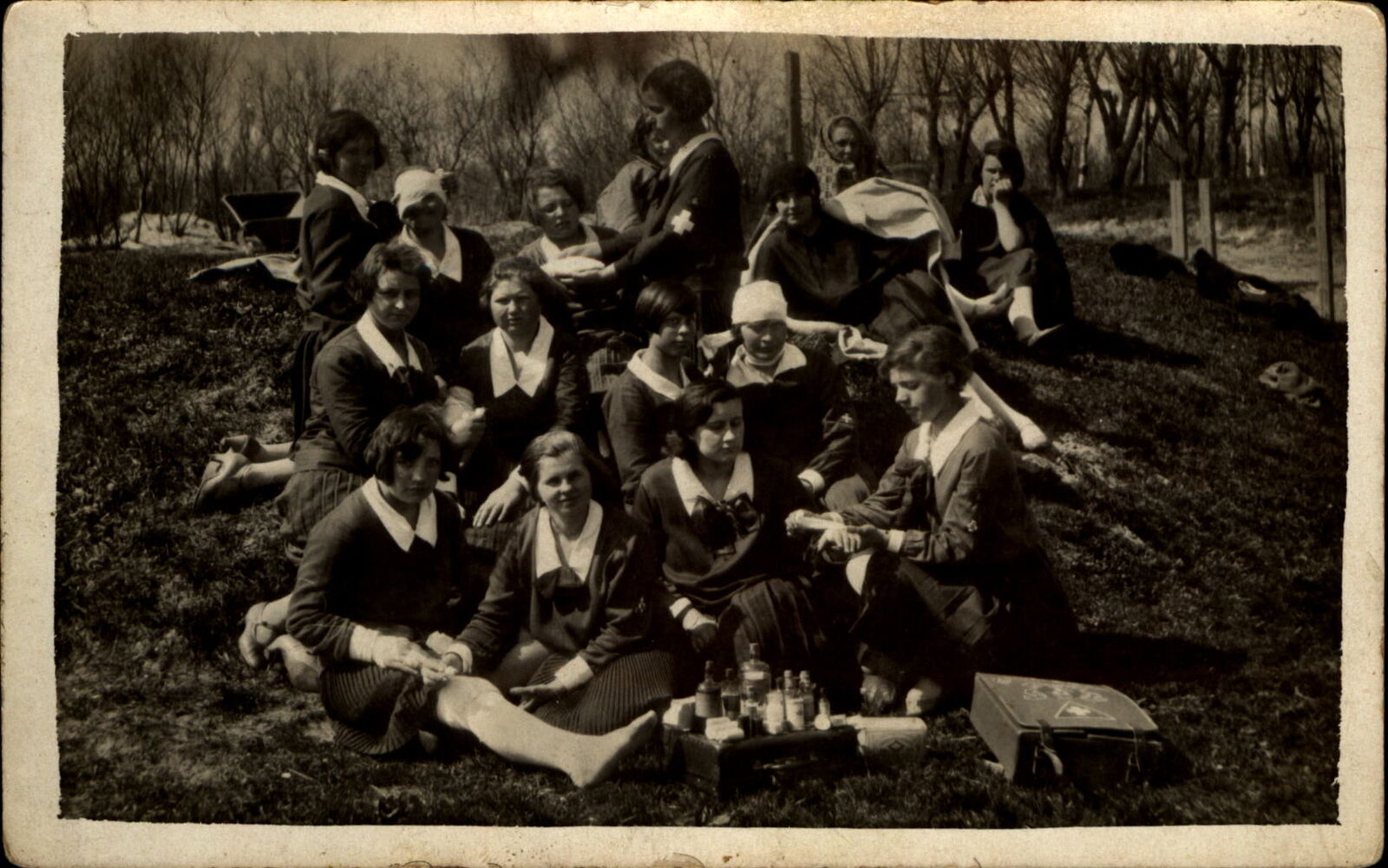 WWI era British RPPC real photo ~ girls Red Cross medicine nurses?