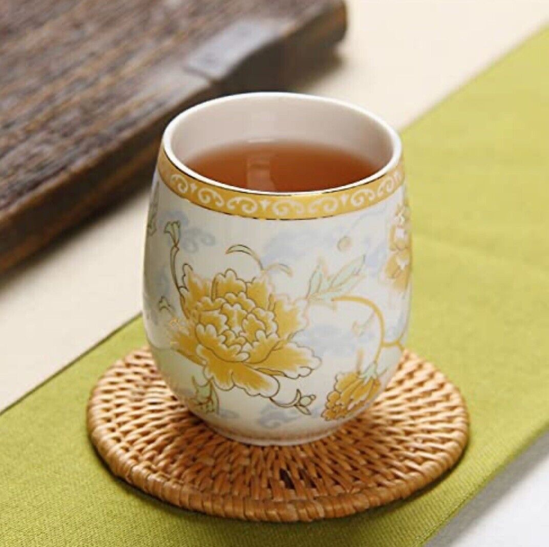 Japanese Sake Tea Cups Painted Yellow Floral Ceramic VTG SET OF 4 Japan labels