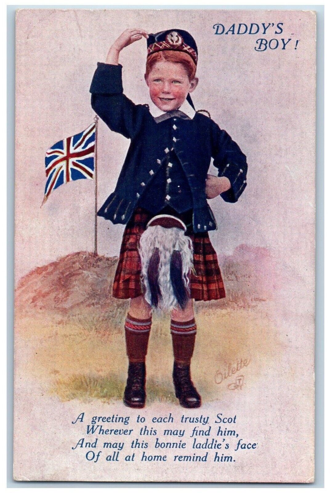 Oilette Postcard Daddy\'s Boy Greeting To Each Trusty Scot Tuck c1910\'s Antique