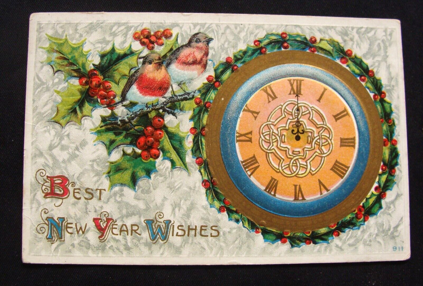 Courting Robins Birds on Holly Branch By Big Decorated New Year Clock Postcard
