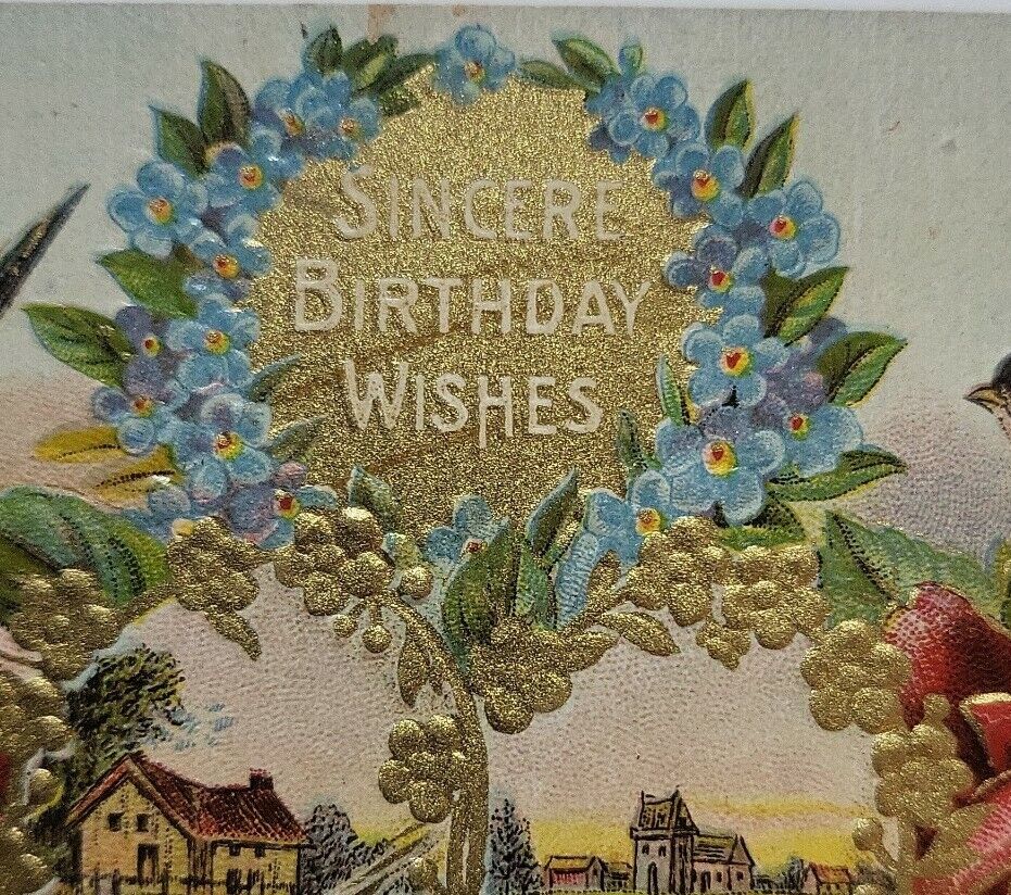 Antique c1910 Sincere Birthday Wishes Postcard Birds & Flowers Embossed Dove 