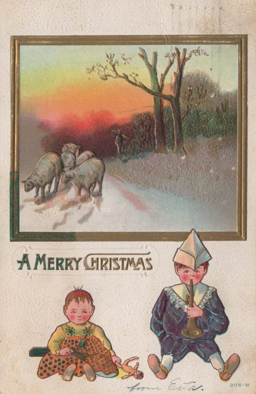 Christmas Sunset Lambs Boy Bugle Girl Doll Trees c1907 embossed postcard H82