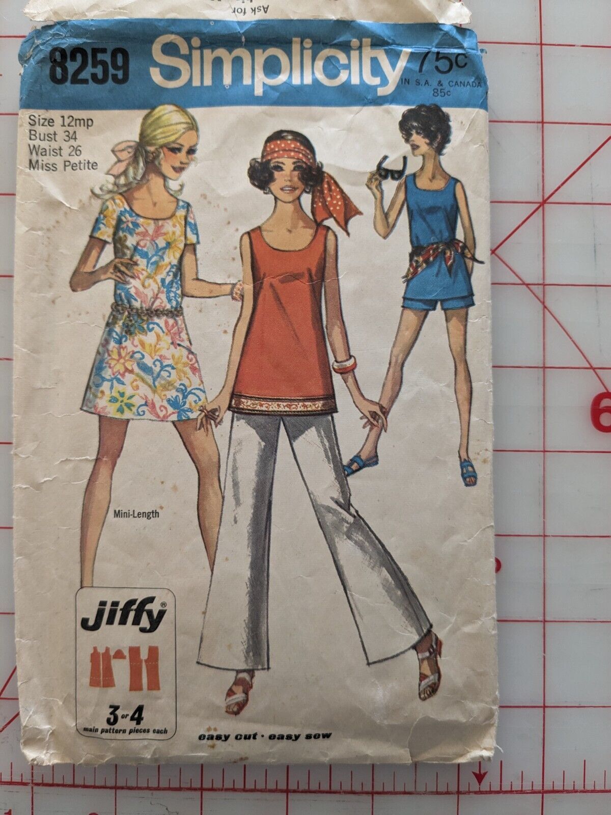 Simplicity 8259 Mini Dress /BELL BOTTOMS - Vintage 1969 - Misses PETITE 12 (10?)