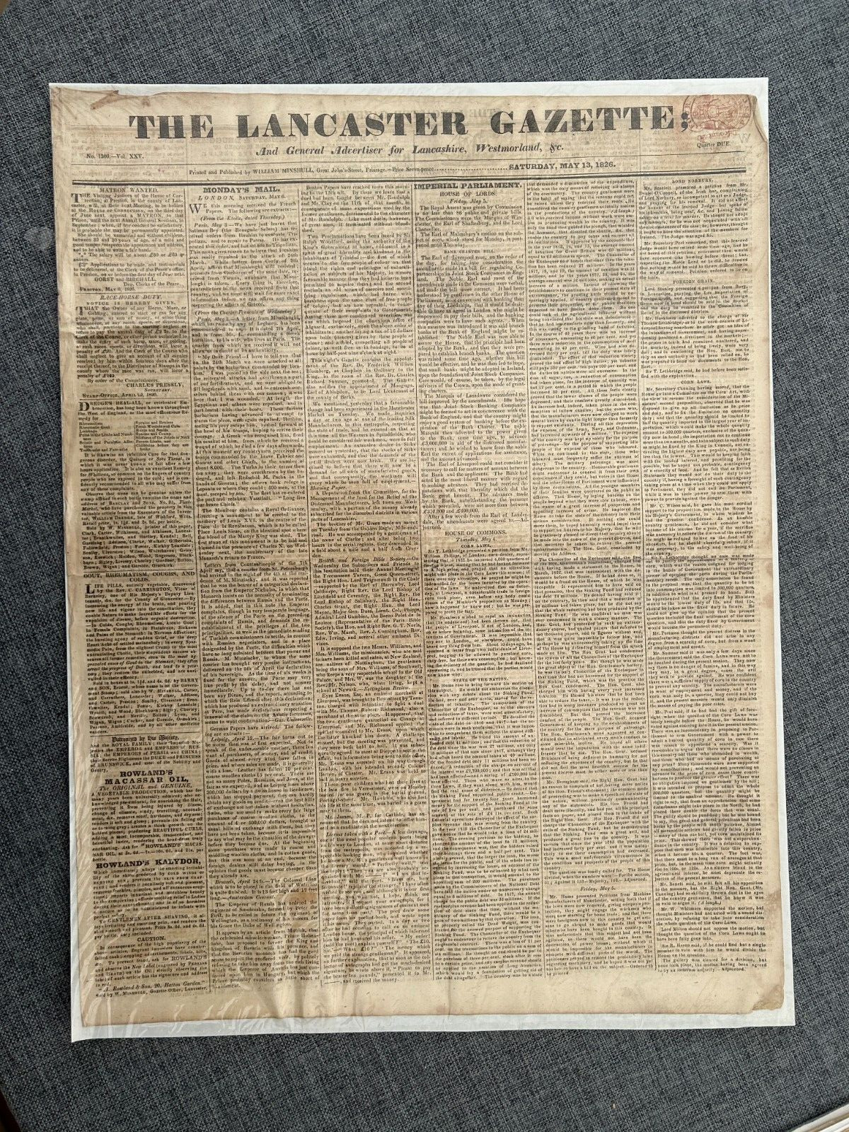 THE LANCASTER GAZETTE CORN LAWS 1826 ORIGINAL NEWSPAPER