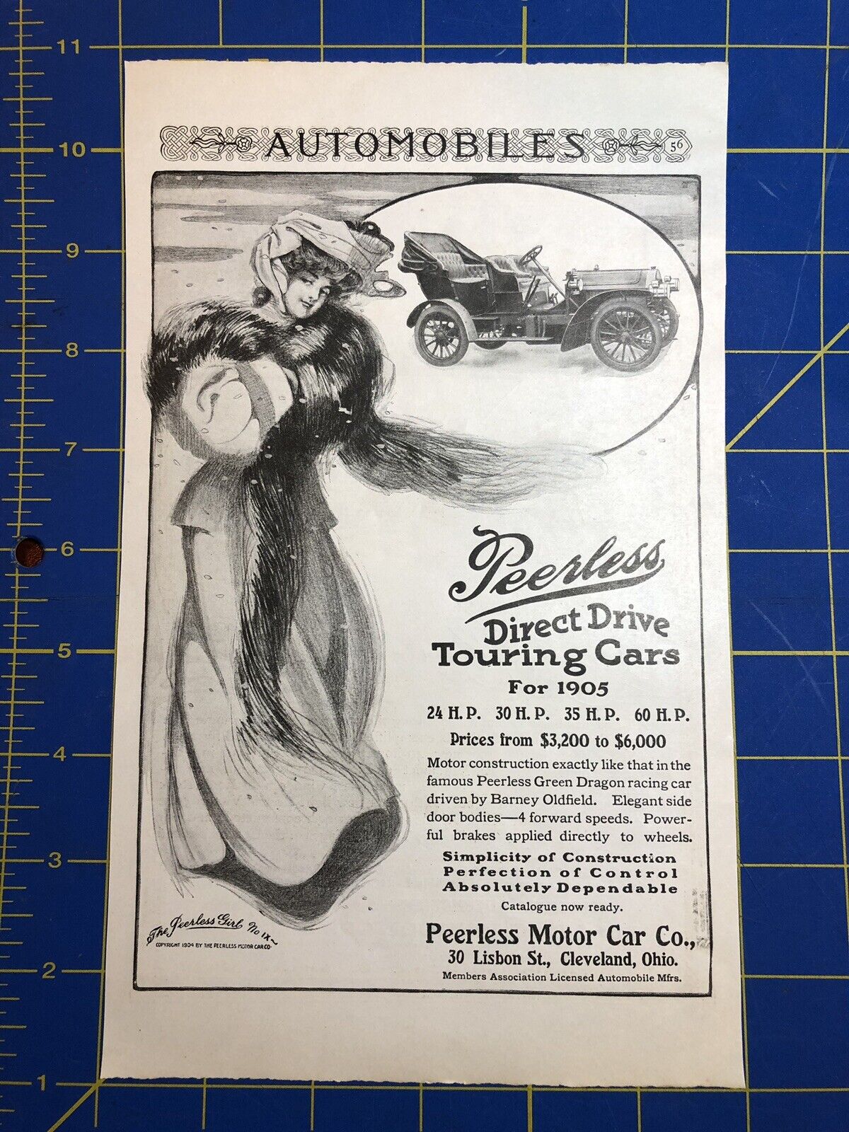 1905 Original Vintage Print Ad for Peerless Direct Drive Touring Cars 