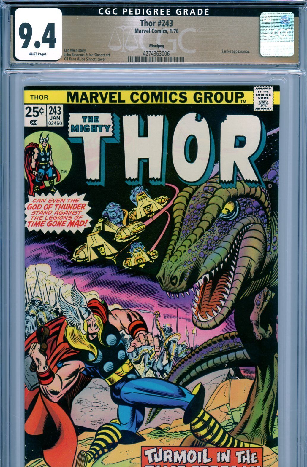 Thor #243 CGC 9.4 - PEDIGREE - Zarrko appearance - 1st app. of the Time-Twisters