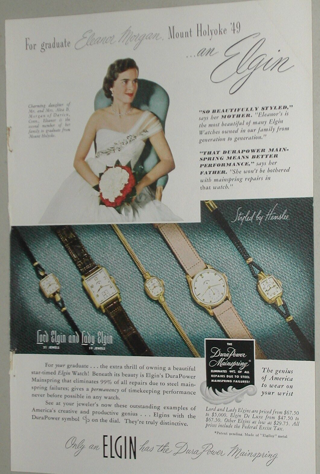 1949 Elgin Watch ad, Eleanor Morgan, Mount Holyoke grad
