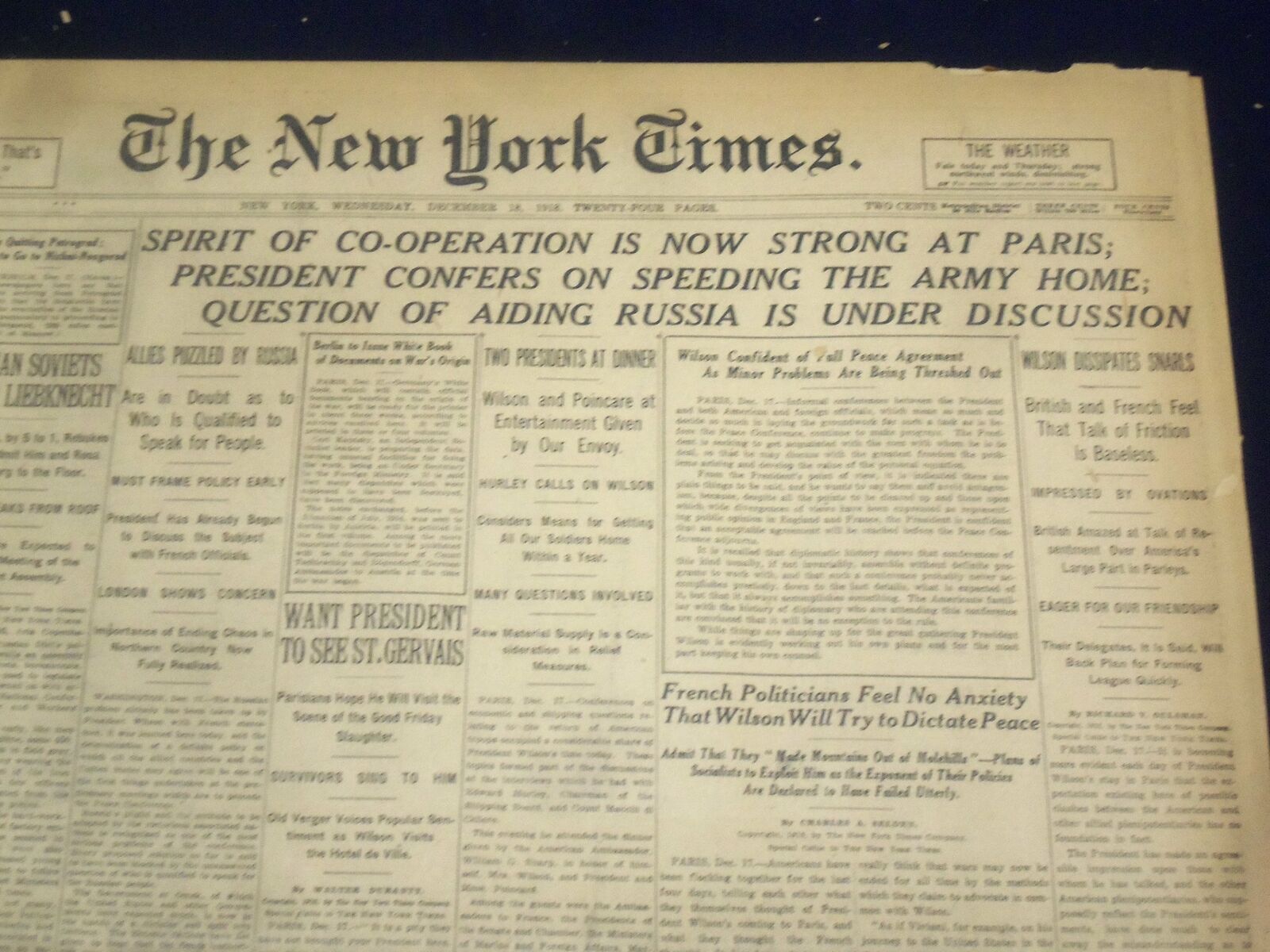 1918 DECEMBER 18 NEW YORK TIMES - CO-OPERATION STRONG AT PARIS - NT 9183