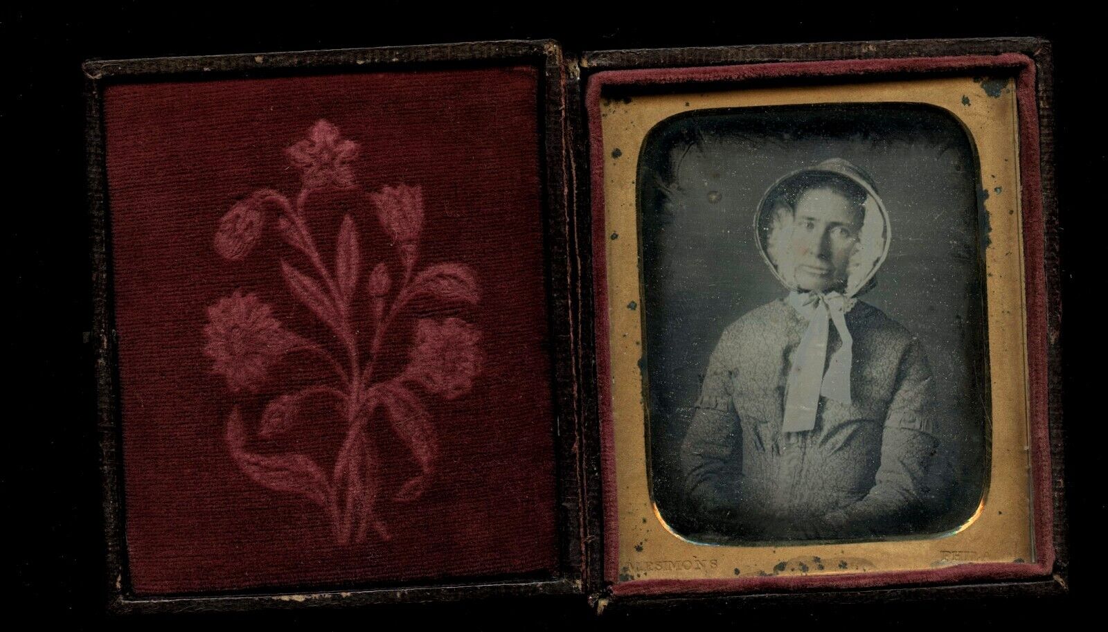 1840s Daguerreotype Woman Wearing Bonnet by Philadelphia Photographer MP SIMONS