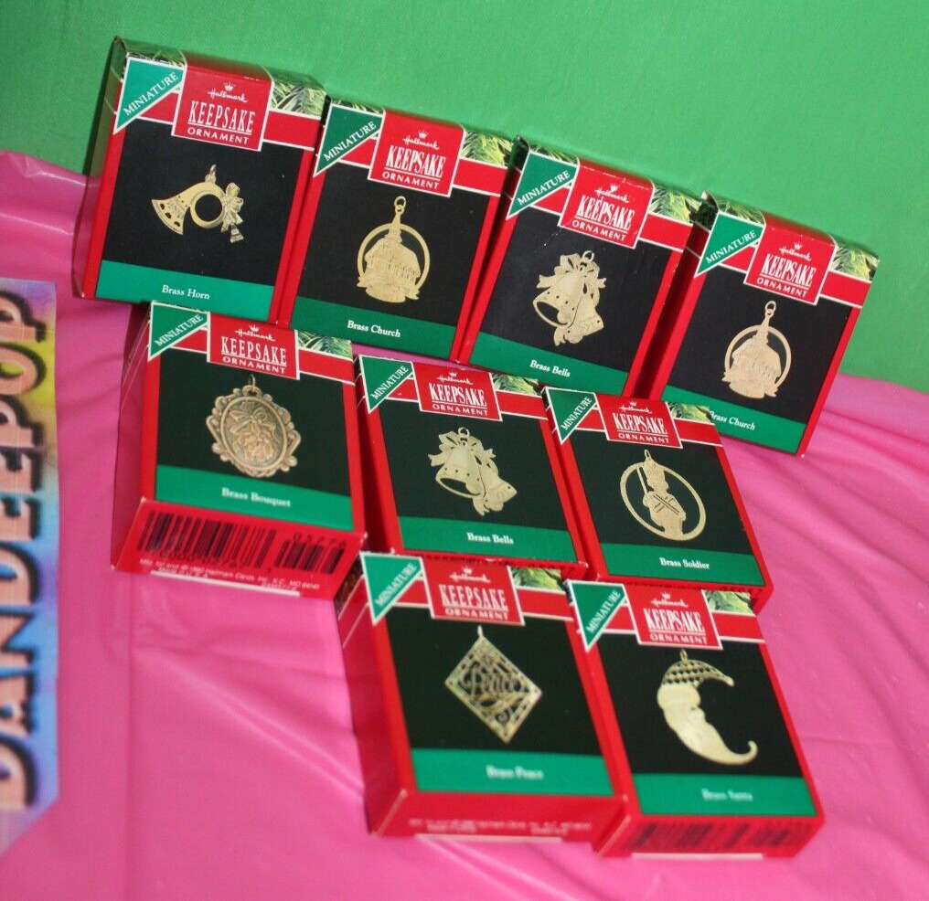 9 Piece Miniature Hallmark Christmas Holiday Ornaments 1990-1991 Brass Plated