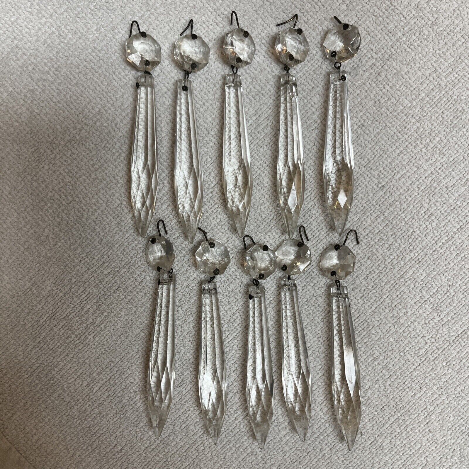 VTG 10 Lot Crystal clear glass prism Icicle Chandelier 3” & Octagon bead 3.75”