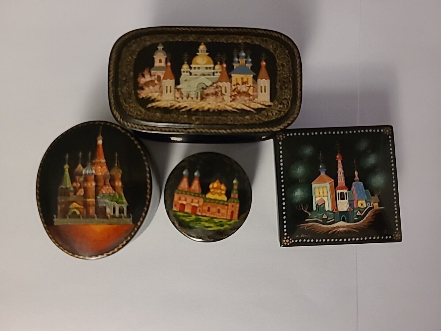 Lot Of 4 Russian Hand Painted And Signed Laquer Trinket Boxes All Church\'s