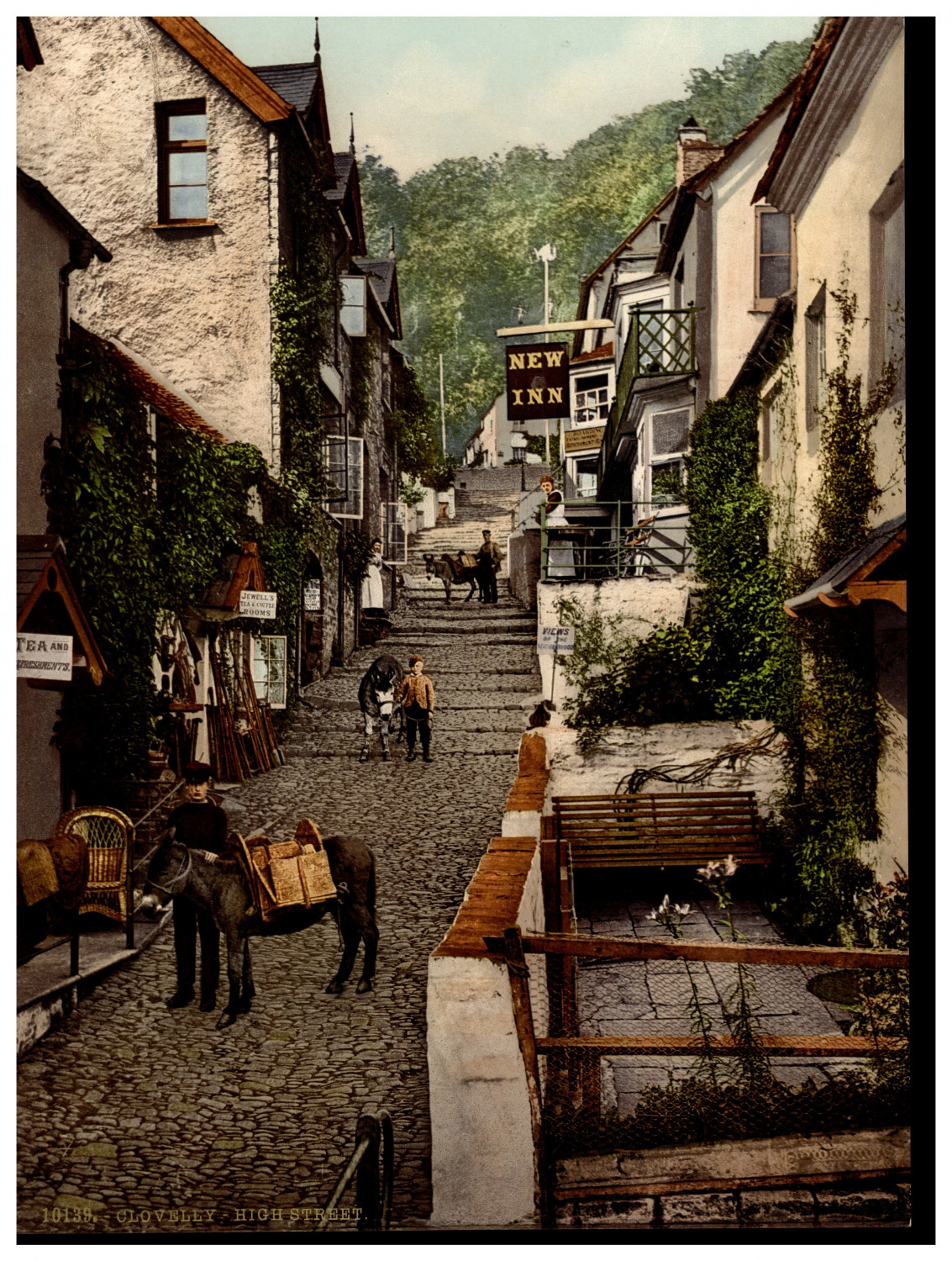 England. Clovelly. High Street. Vintage photochrome by P.Z, photochrome Zurich