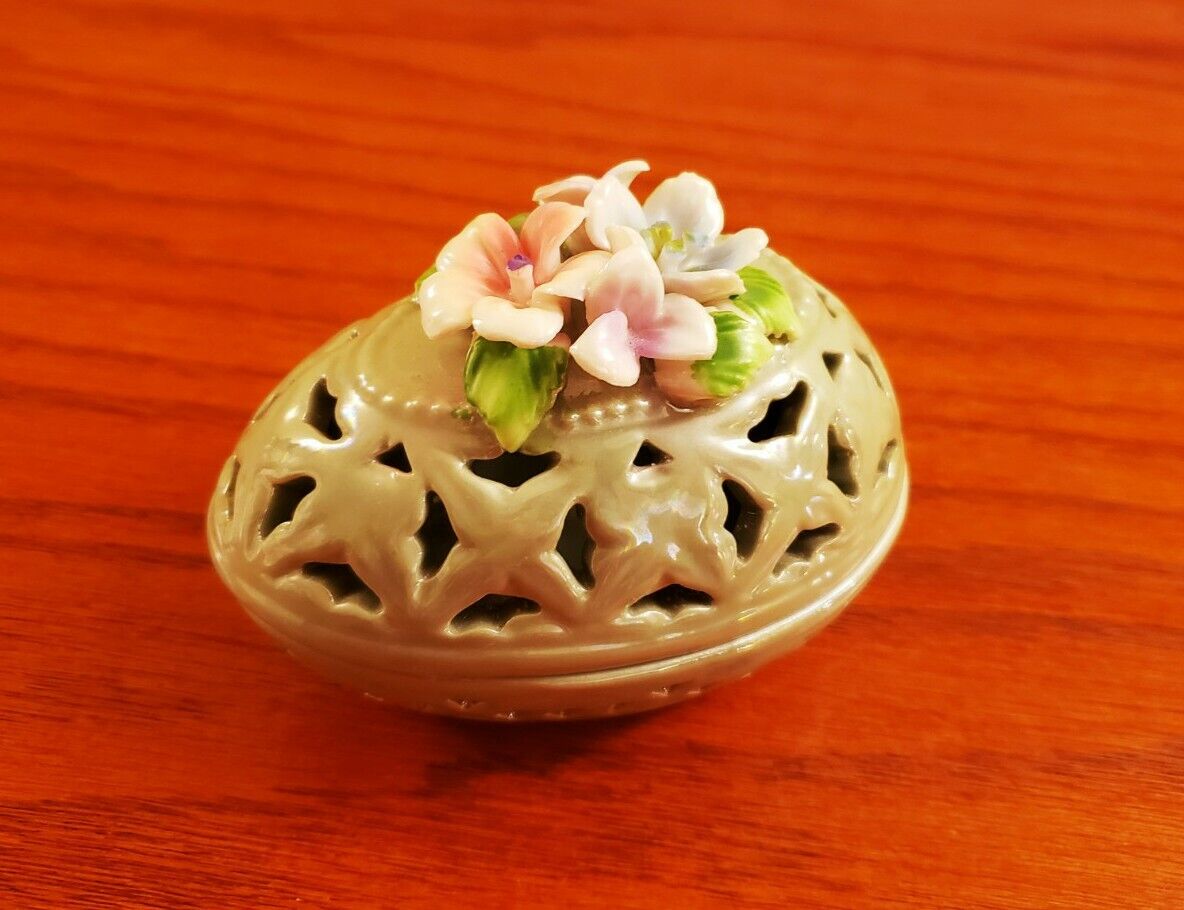 Vintage Lusterware Floral Easter Egg Shaped Porcelain Trinket Box with Lid